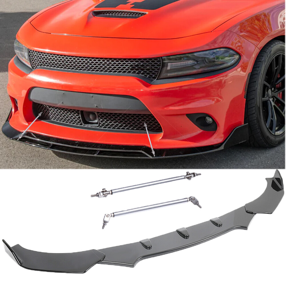 Glossy Black Front Lip Spoiler Splitter + Strut Rod Bar For Dodge Charger RT SRT